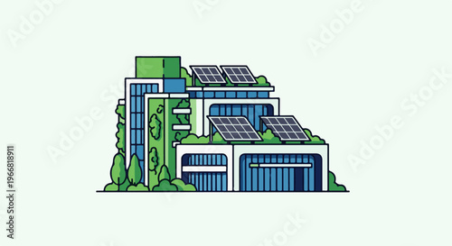Green building with solar panels and vertical gardens, eco-friendly design