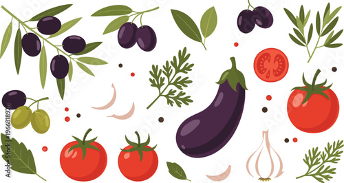 Mediterranean vegetables vector set with eggplant tomatoes olives garlic and herbs fresh food illustration isolated on white background