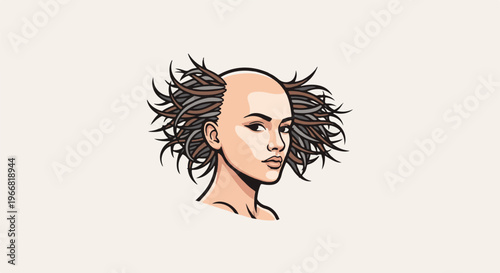 Stylized portrait of a young person with a shaved head and wild hair