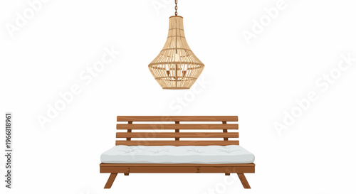 Rustic wooden bench with woven pendant light fixture, simple, natural design