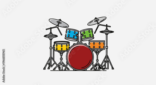 Colorful drum kit with cymbals on stands against a white background