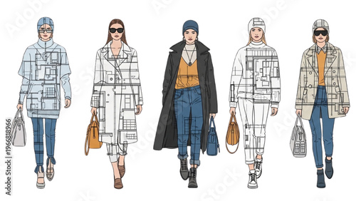 Fashionable people walk confidently in vector CAD design style outfits on a runway.