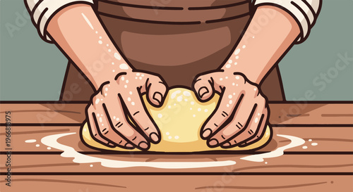 Hands kneading dough on a wooden surface with flour scattered around