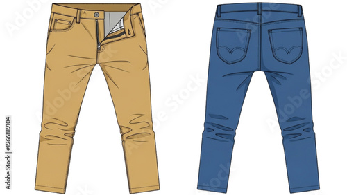 Vector illustration of two jeans in CAD design style on white