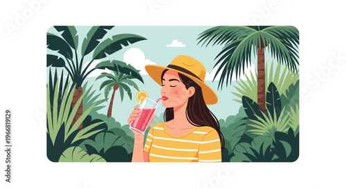 Woman in Yellow Hat Drinking a Tropical Smoothie Amidst Lush Green Foliage