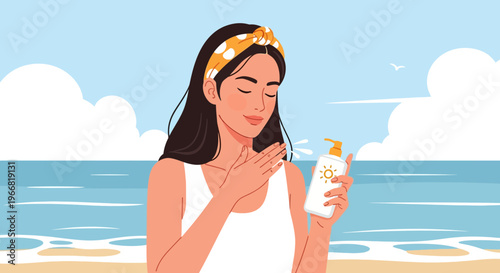Woman applying sunscreen on a sunny beach day for skincare and sun protection.