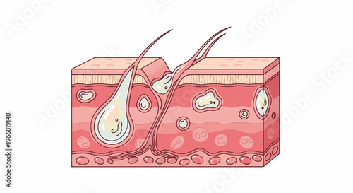 Cross-section of skin layers showing hair follicles and sebaceous glands