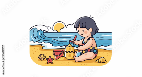 Cheerful child builds sandcastle on beach with waves and sun