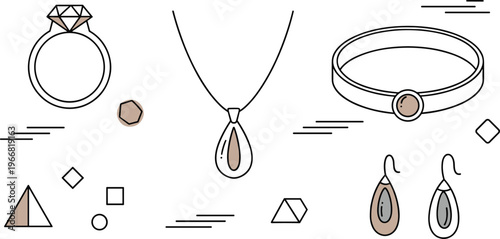 Minimal line jewelry vector set with ring necklace bracelet and earrings outline illustration modern accessory collection isolated on white background