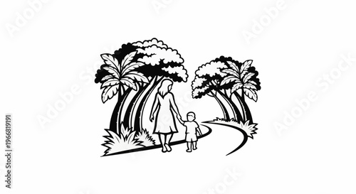 Stylized illustration of a woman holding a child's hand walking on a path