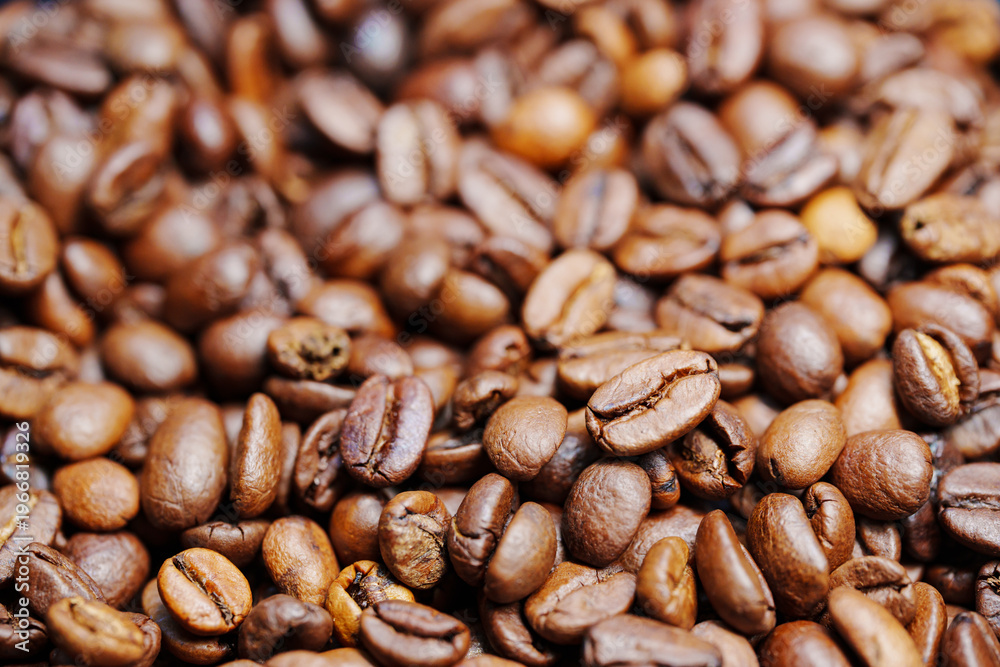 Fototapeta premium beans of roasted natural coffee. coffee background and texture. Aromatic invigorating drink.