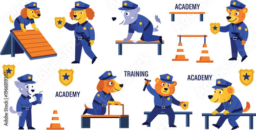 Police dog training vector set with canine officer academy scenes obedience exercises and patrol illustration isolated on white background