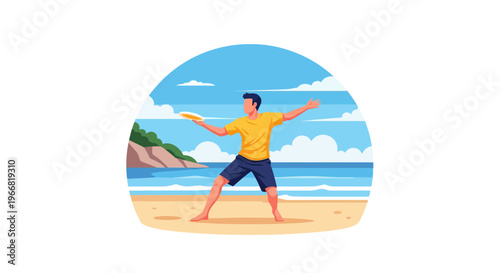 Man playing frisbee on a sunny beach with ocean waves and island scenery