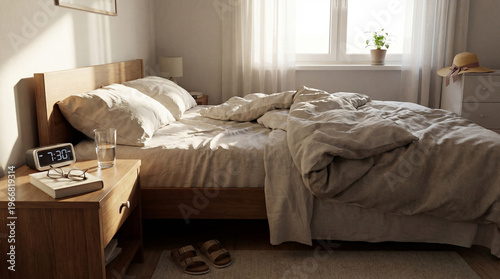 Konstfotografi Unmade bed in a sunlit bedroom, with an alarm clock showing 7:30, a glass of water, and a book on the nightstand