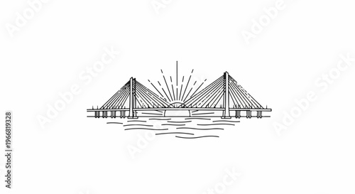 Stylized line art of a cable-stayed bridge at sunrise over water