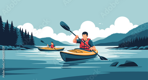 Man kayaking on water with paddle, enjoying scenic outdoors and serene lake landscape