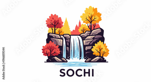 Stylized autumn waterfall with surrounding trees and rocks