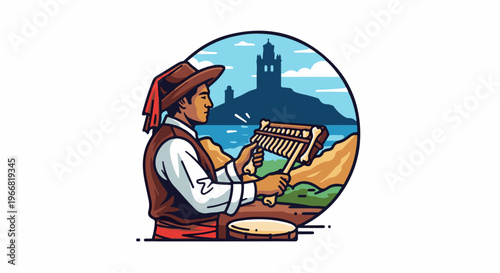 Man in traditional clothing plays percussion instrument by the sea