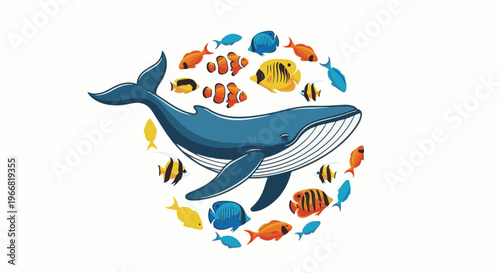 Blue whale swims in circle of colorful tropical fish