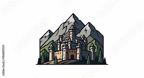 Stylized medieval castle nestled against dramatic mountain peaks and forest