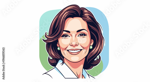 Portrait of a smiling woman with short, wavy brown hair and pearl earrings