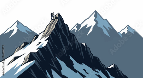 Climber reaches summit of snowy, jagged mountain peaks under white sky