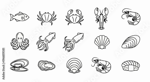 Collection of simple outline illustrations of various seafood items
