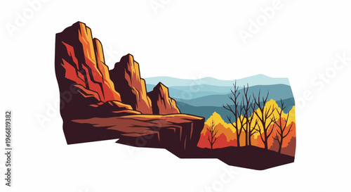 Autumnal desert landscape with majestic rock formations and colorful trees