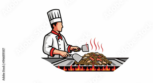 Chef cooking noodles on a grill with flames below