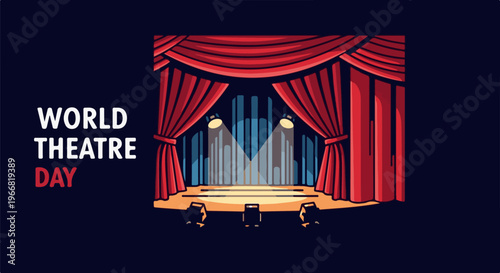 Spotlight illuminated stage with red curtains for World Theatre Day celebration