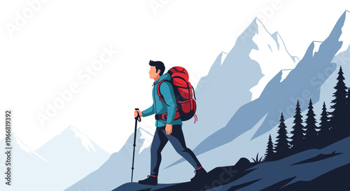 Man hiking with large backpack and trekking pole through mountainous landscape