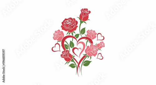 Romantic arrangement of roses and hearts