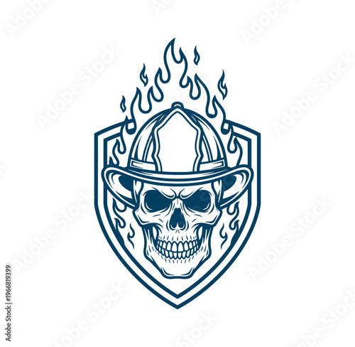 Firefighter skull wearing helmet with flames on shield emblem symbol