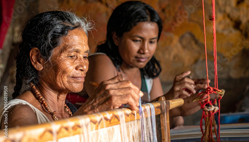 Elderly woman teaching younger woman traditional weaving with focused expressions in warm, rustic setting