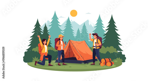 Happy friends camping and setting up a tent in a forest with mountains and sun