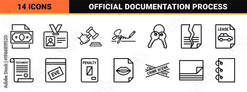 Minimalist monoline legal document and law icon set with clean geometric outlines for professional certification, contracts, and identity.