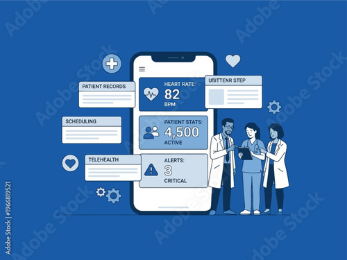 Healthcare professionals interacting with a mobile app displaying patient data and medical alerts, representing digital health technology.