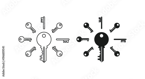 Vector illustration set depicting various styles of house and security keys in outline and solid shapes