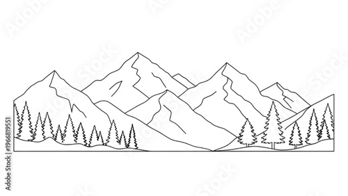 Vector CAD design style illustration of snowy mountains and pine trees