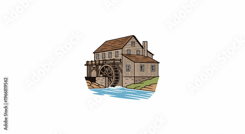 An old wooden mill powered by a large water wheel beside a flowing river