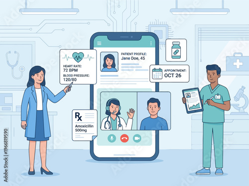 Digital healthcare concept with doctors, nurse, and patient interacting via a large smartphone displaying medical data, telemedicine call, and prescriptions.