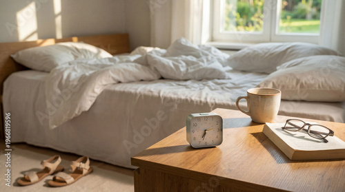 Photography Cozy bedroom interior with an unmade bed and bright morning sunlight streaming through the window