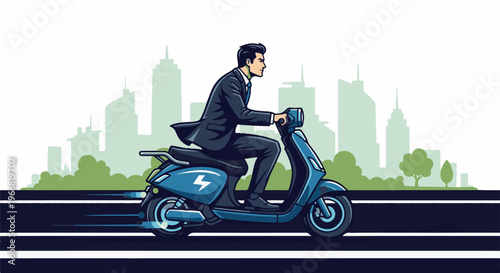 Businessperson riding a blue electric scooter through a stylized cityscape