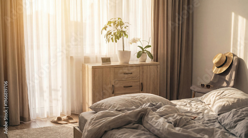 Photos Bright, sunlit bedroom with unmade bed, dresser, houseplants, and a straw hat on a chair