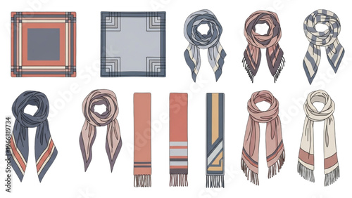Variety of scarves in vector CAD design style on display