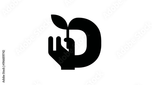 Minimalist black icon: hand holding a plant sprout, symbolizing nature, growth, care, sustainability, and environmental protection.