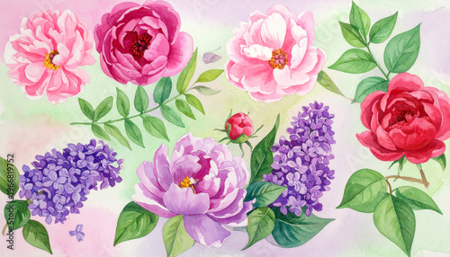 Watercolor floral illustration with pink peony, red rose, purple lilac, and green leaves, delicate and vibrant spring garden flowers