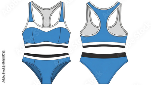 Vector design of blue and white sports bra and bikini bottoms in CAD style
