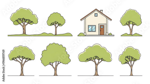 Vector illustration of a house surrounded by trees in CAD design style