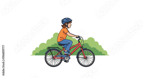 Joyful child wearing a helmet rides a red bicycle past green bushes, showcasing outdoor activity
